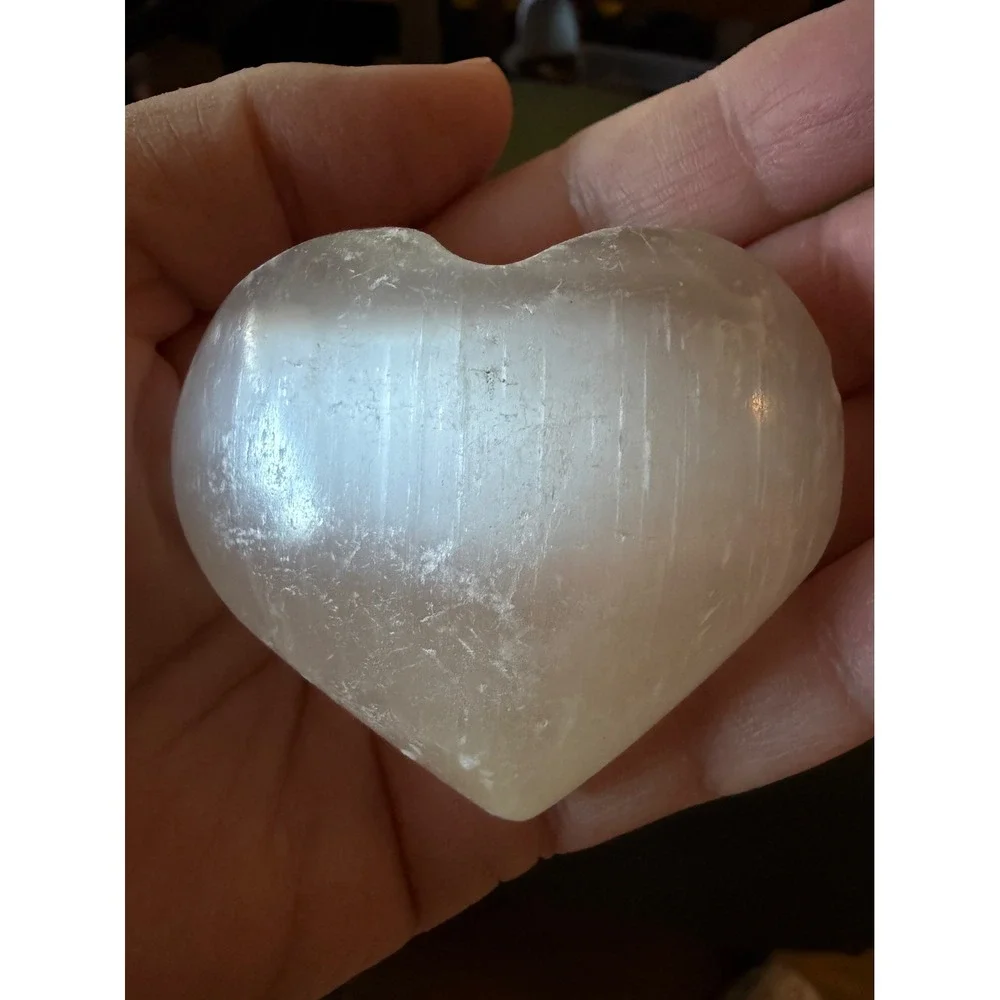 Selenite Crystal Heart White Excellent Polished Palm Stone Decor